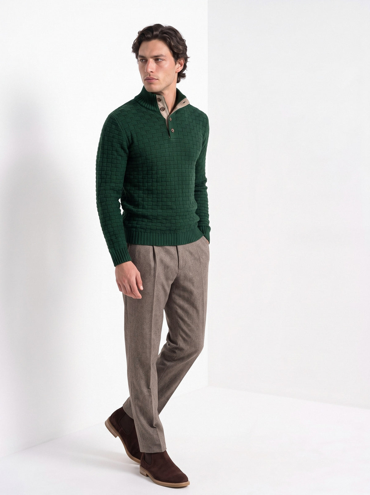 BLENIN men's basket weave button sweater in dark green, three-quarter view