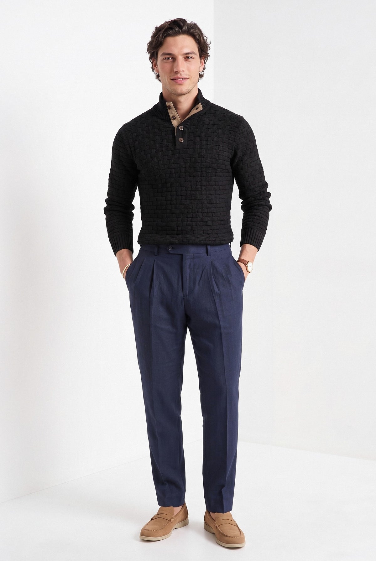 BLENIN men's basket weave button sweater in black, full-length front view