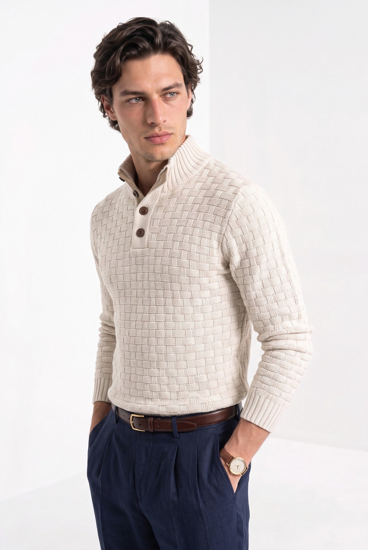 BLENIN men's basket weave button sweater in cream, front portrait