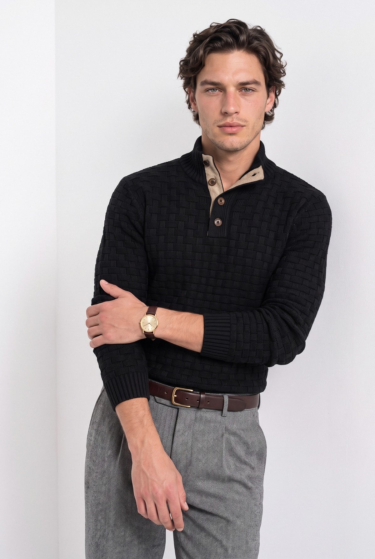 BLENIN men's basket weave button sweater in black, front portrait