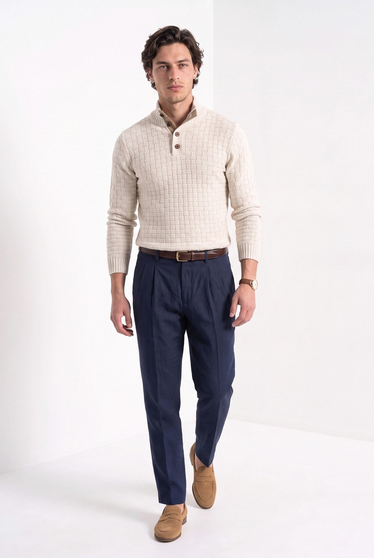 BLENIN men's basket weave button sweater in cream, full-length look