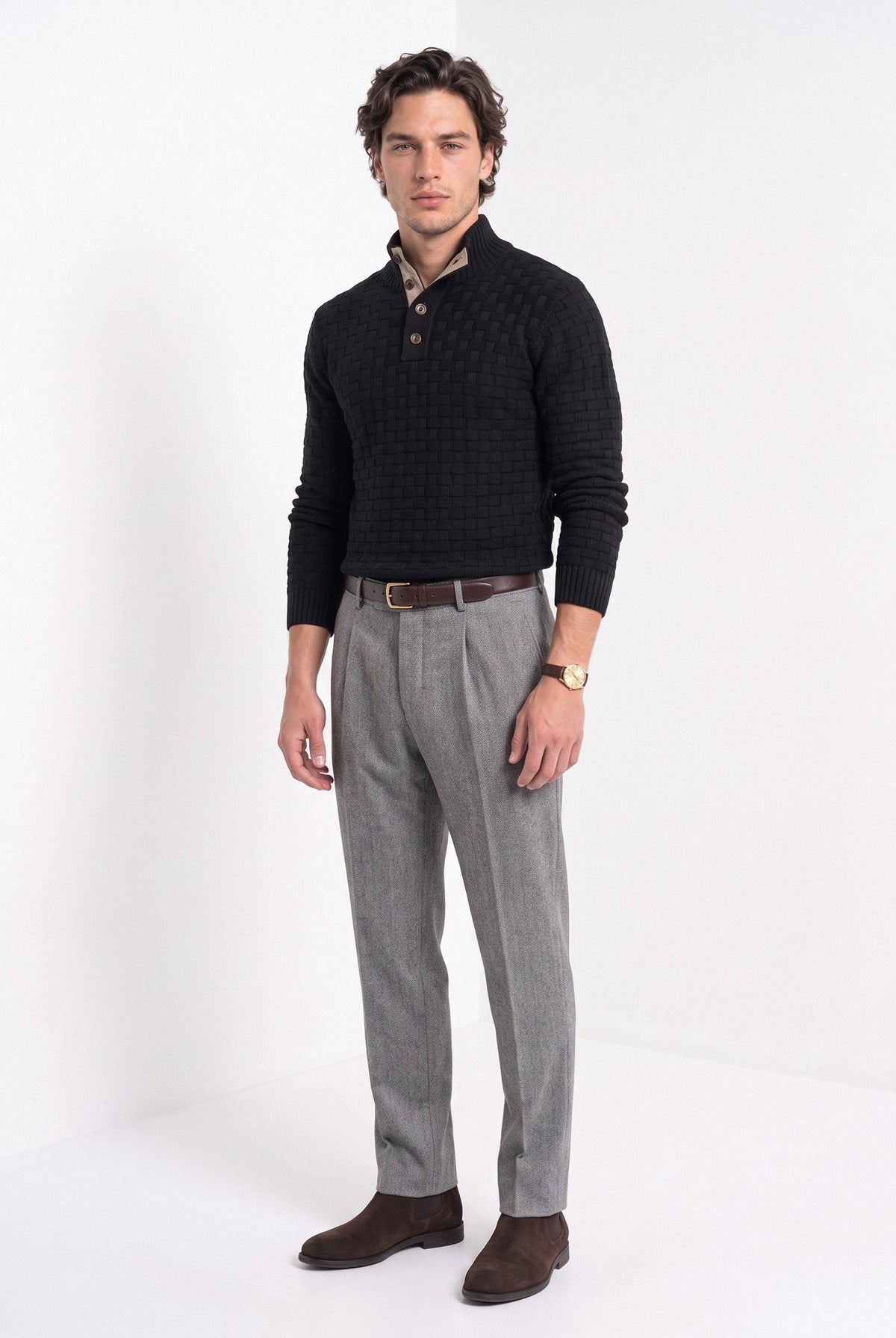 BLENIN men's basket weave button sweater in black, full-length look