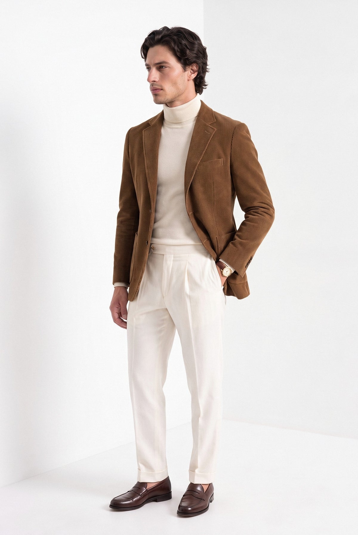 BLENIN men's corduroy blazer in brown, three-quarter view