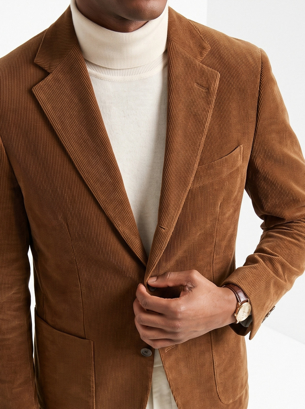BLENIN men's corduroy blazer in brown, close-up of the details