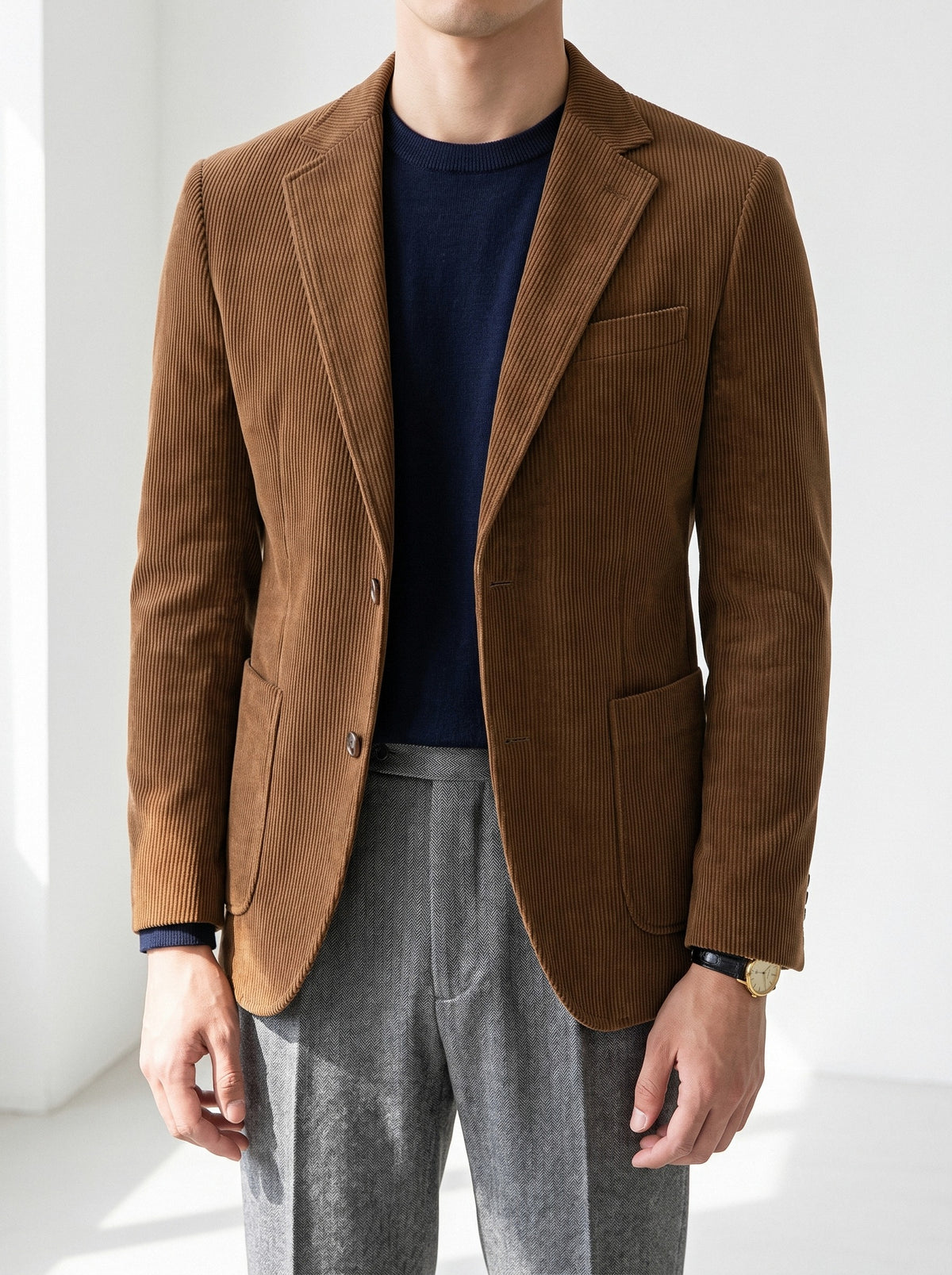 BLENIN men's corduroy blazer in brown, fit detail