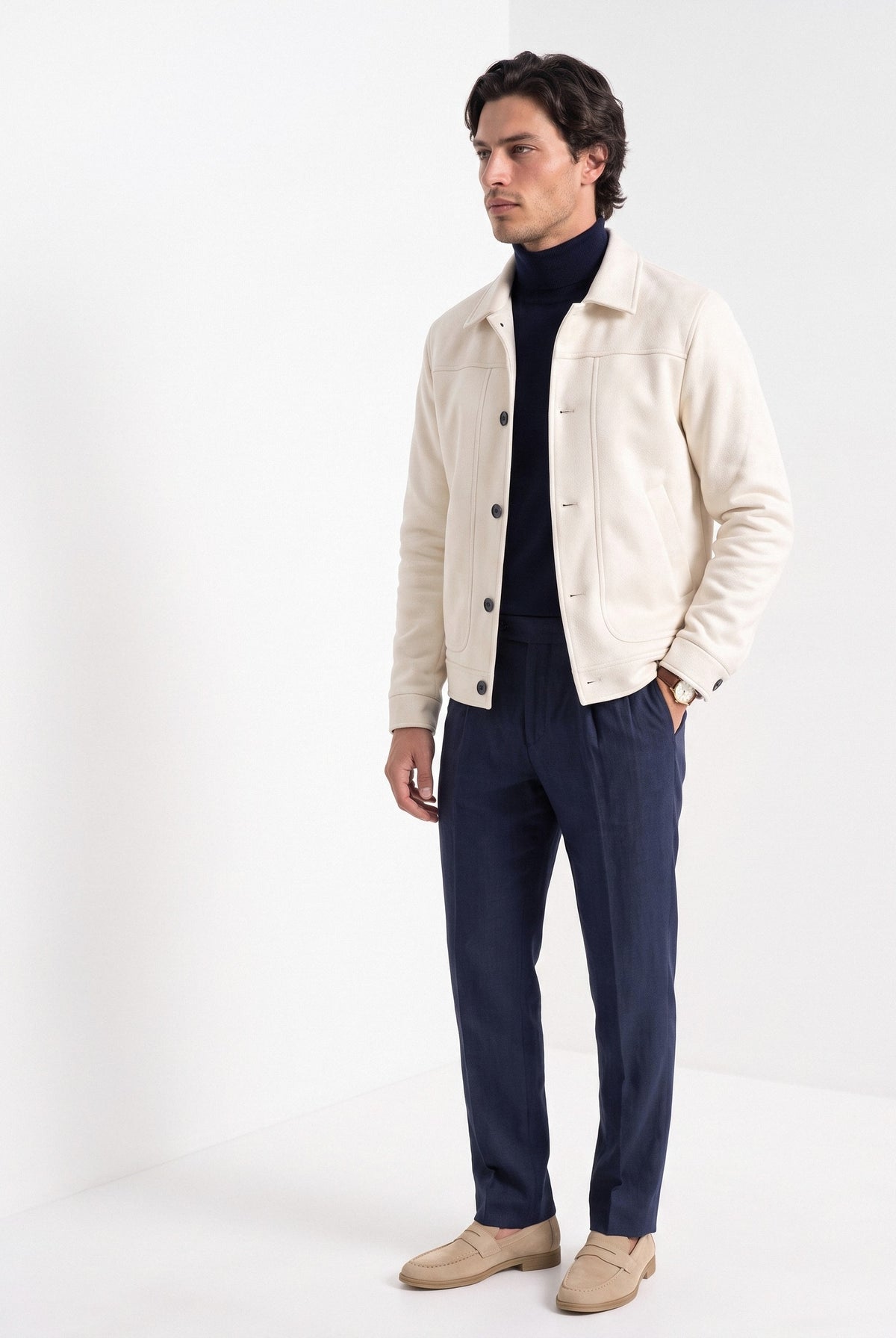 BLENIN men's suede-look trucker jacket in cream, three-quarter view