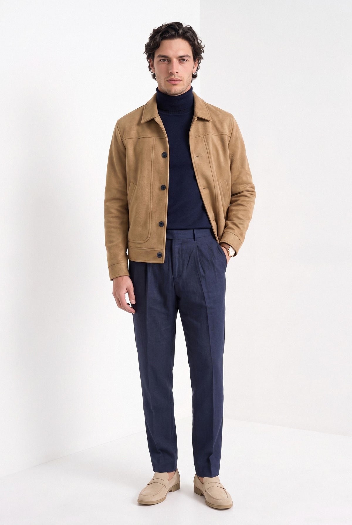 BLENIN men's suede-look trucker jacket in camel, full-length front view