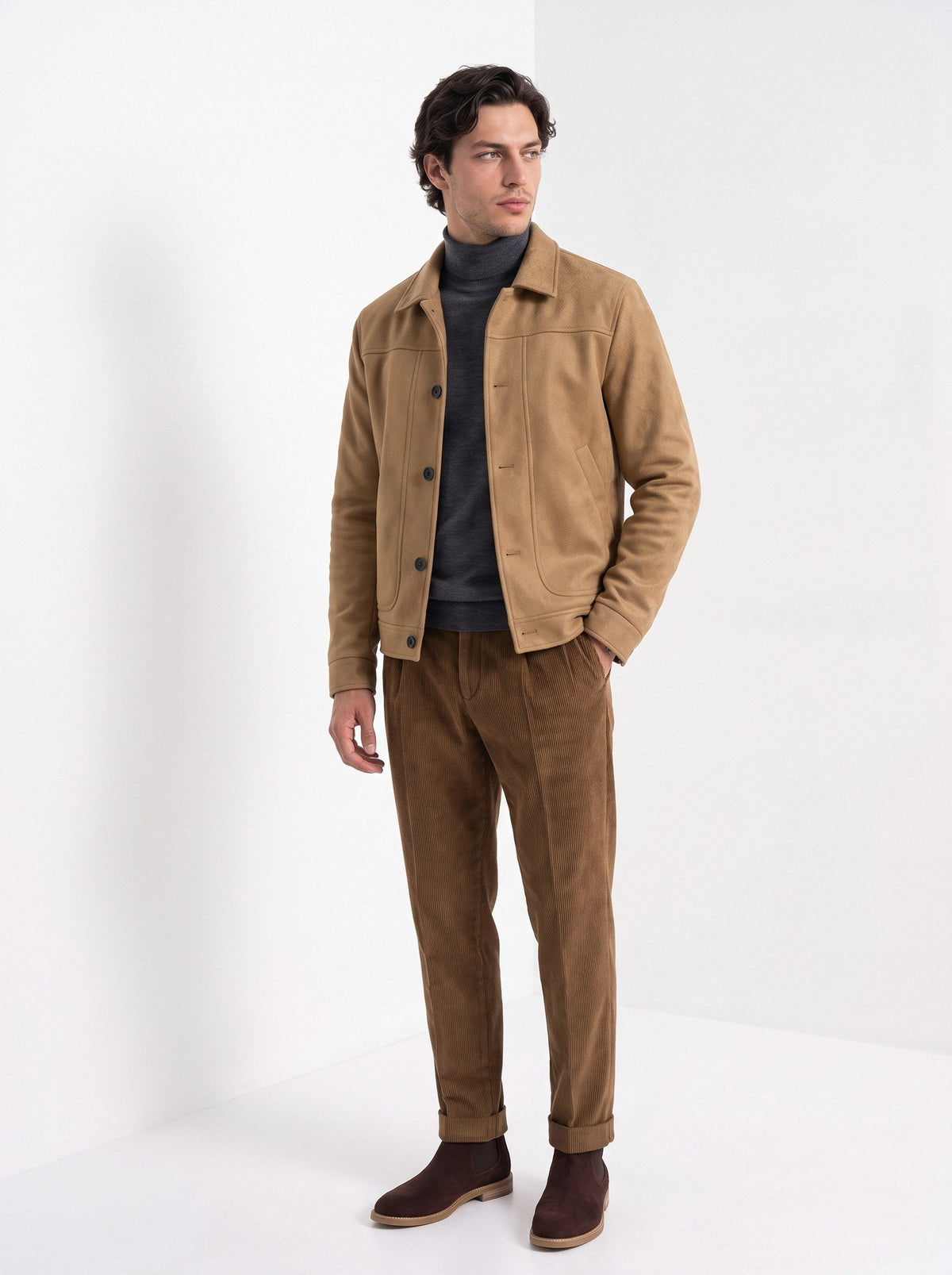 BLENIN men's suede-look trucker jacket in camel, three-quarter view