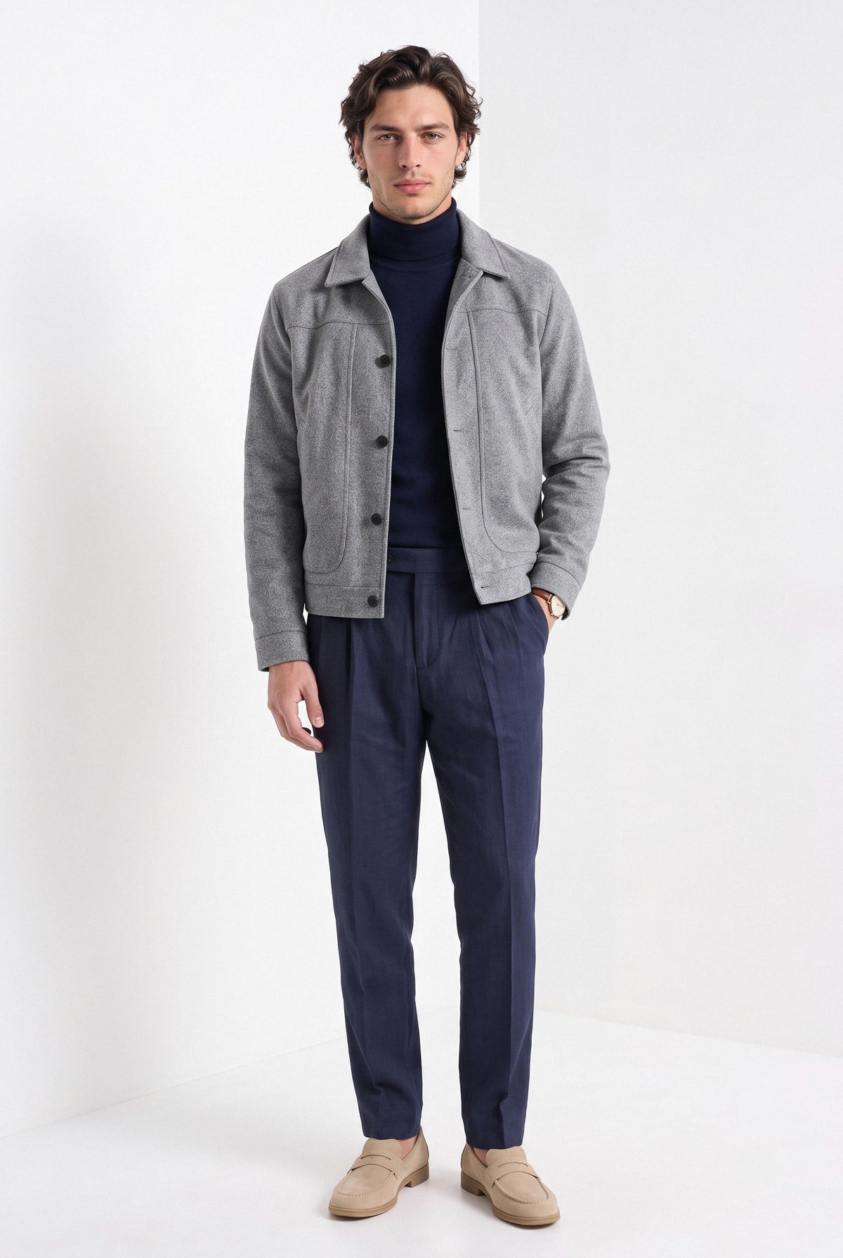 BLENIN men's suede-look trucker jacket in grey, full-length front view