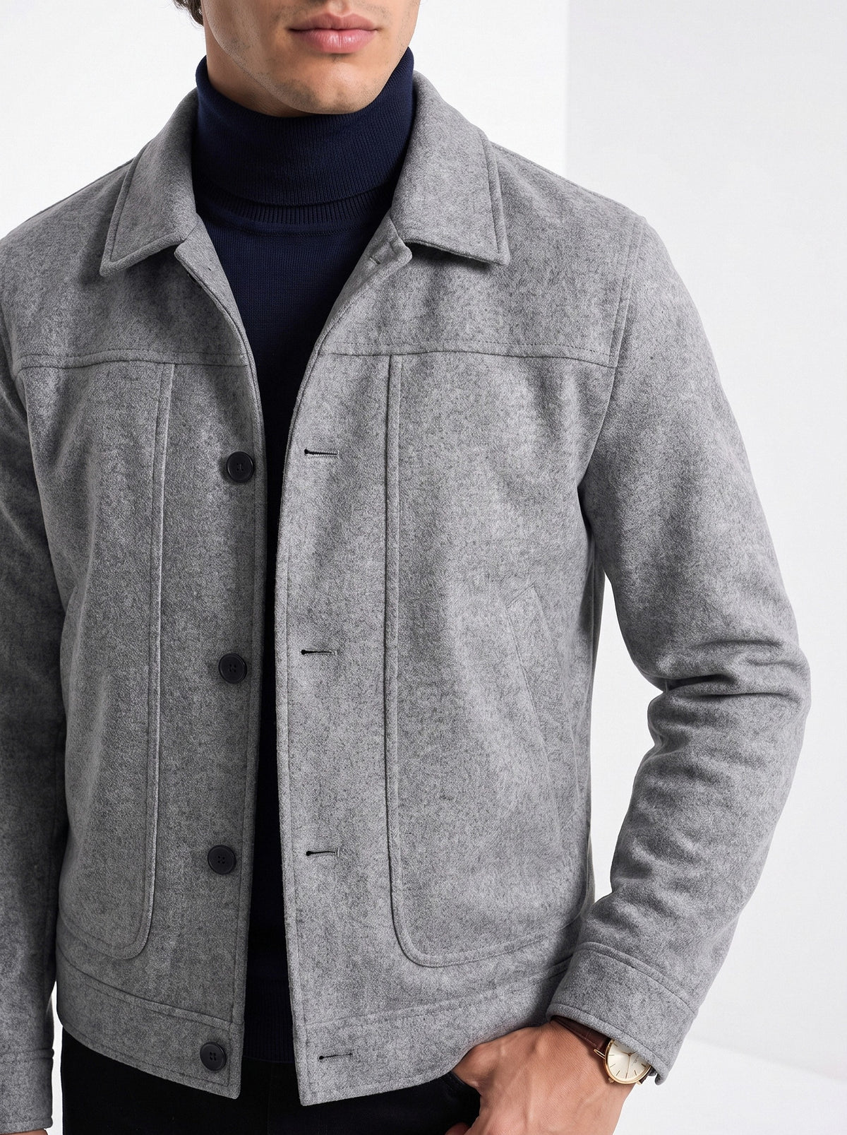 BLENIN men's suede-look trucker jacket in grey, close-up of the details