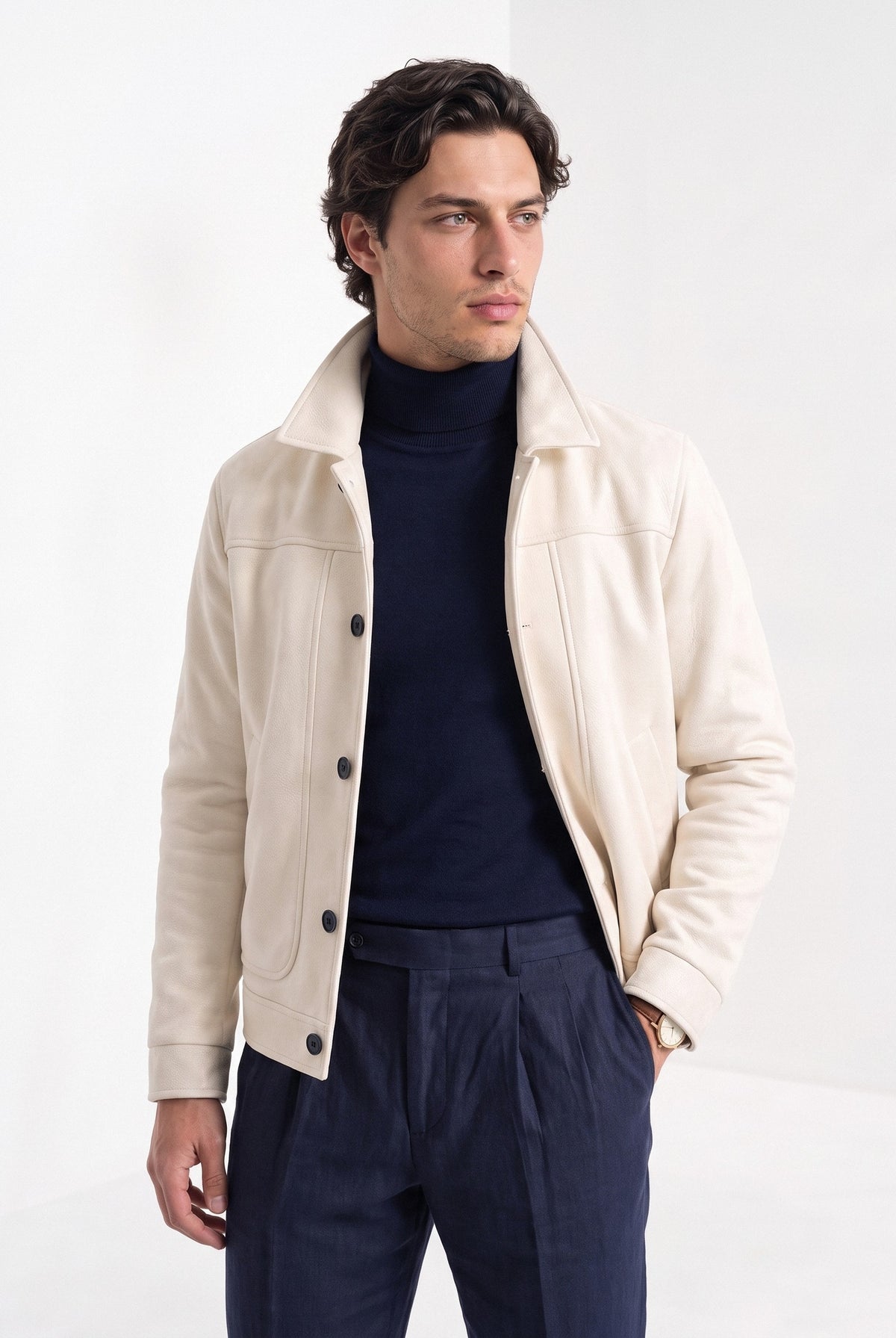 BLENIN men's suede-look trucker jacket in cream, front portrait