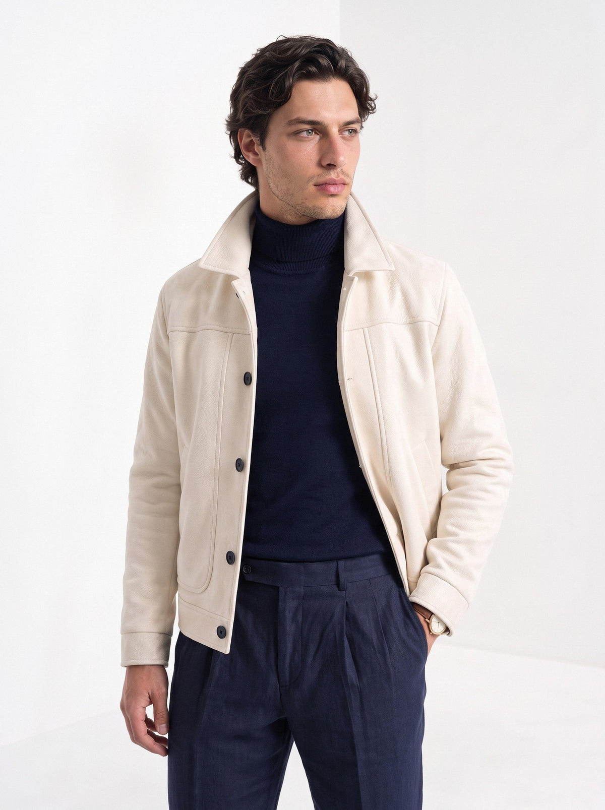 BLENIN men's suede-look trucker jacket in cream, front portrait
