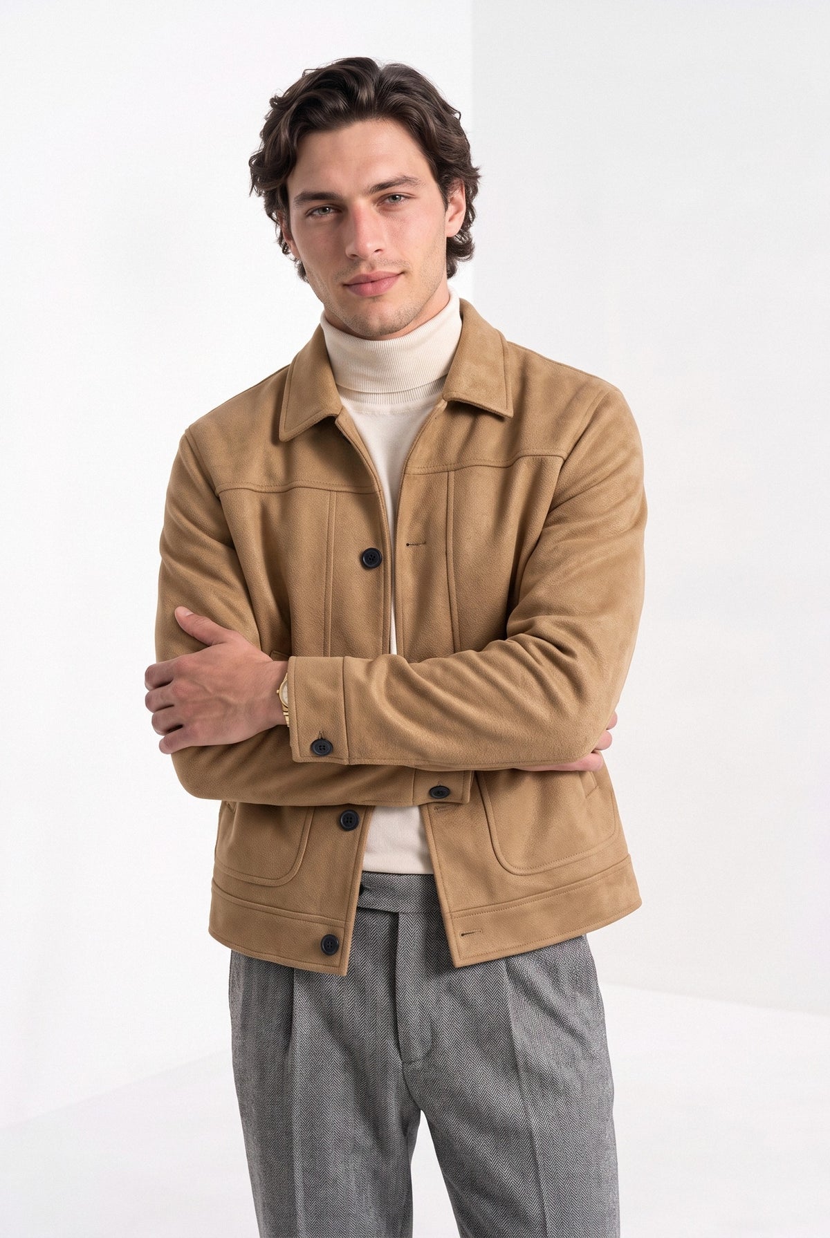 BLENIN men's suede-look trucker jacket in camel, front portrait