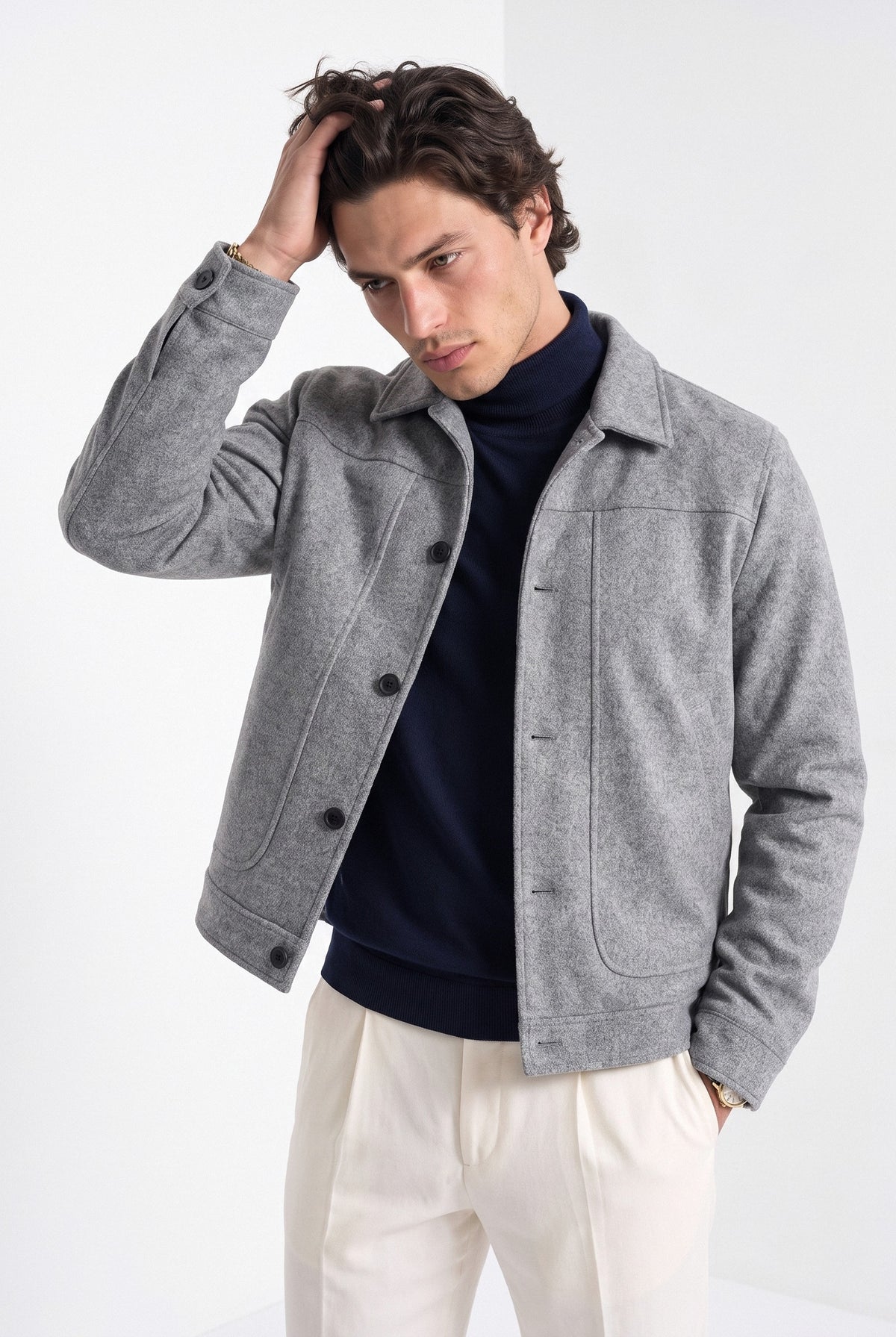 BLENIN men's suede-look trucker jacket in grey, front portrait