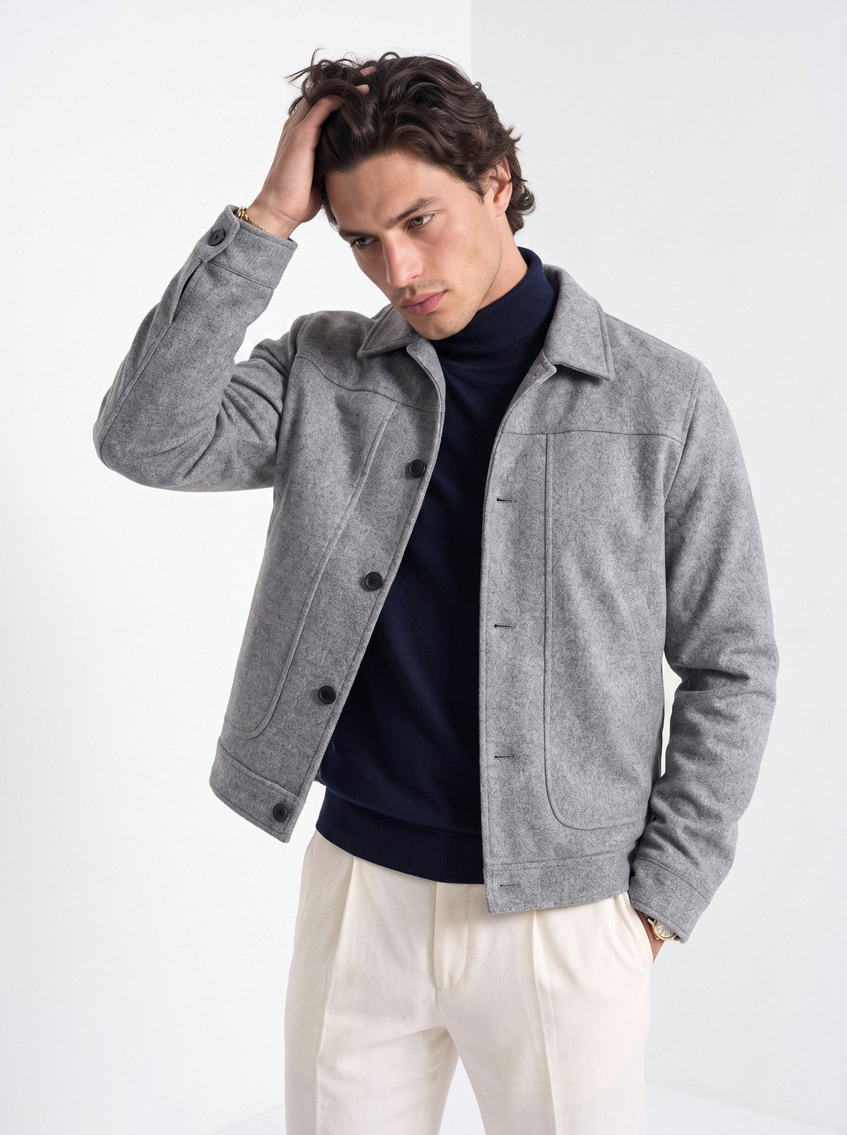 BLENIN men's suede-look trucker jacket in grey, front portrait