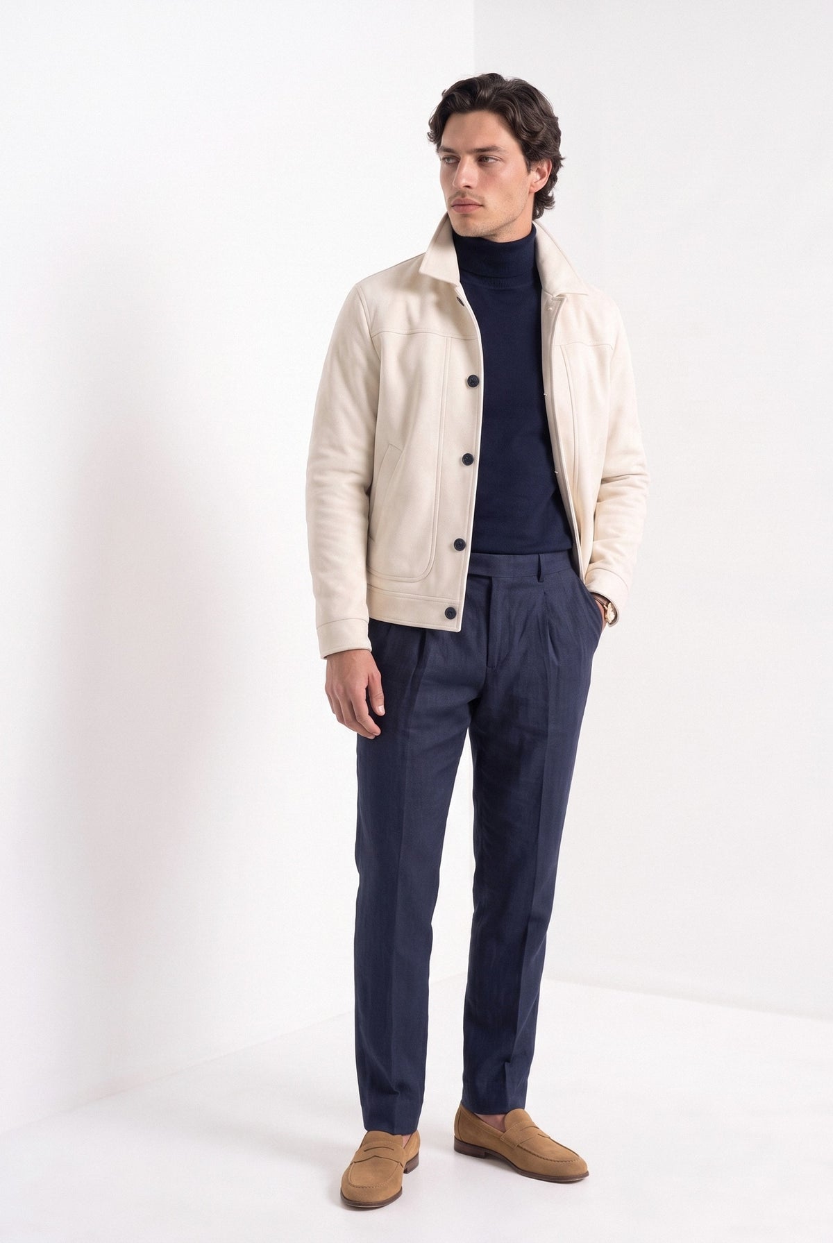 BLENIN men's suede-look trucker jacket in cream, full-length look