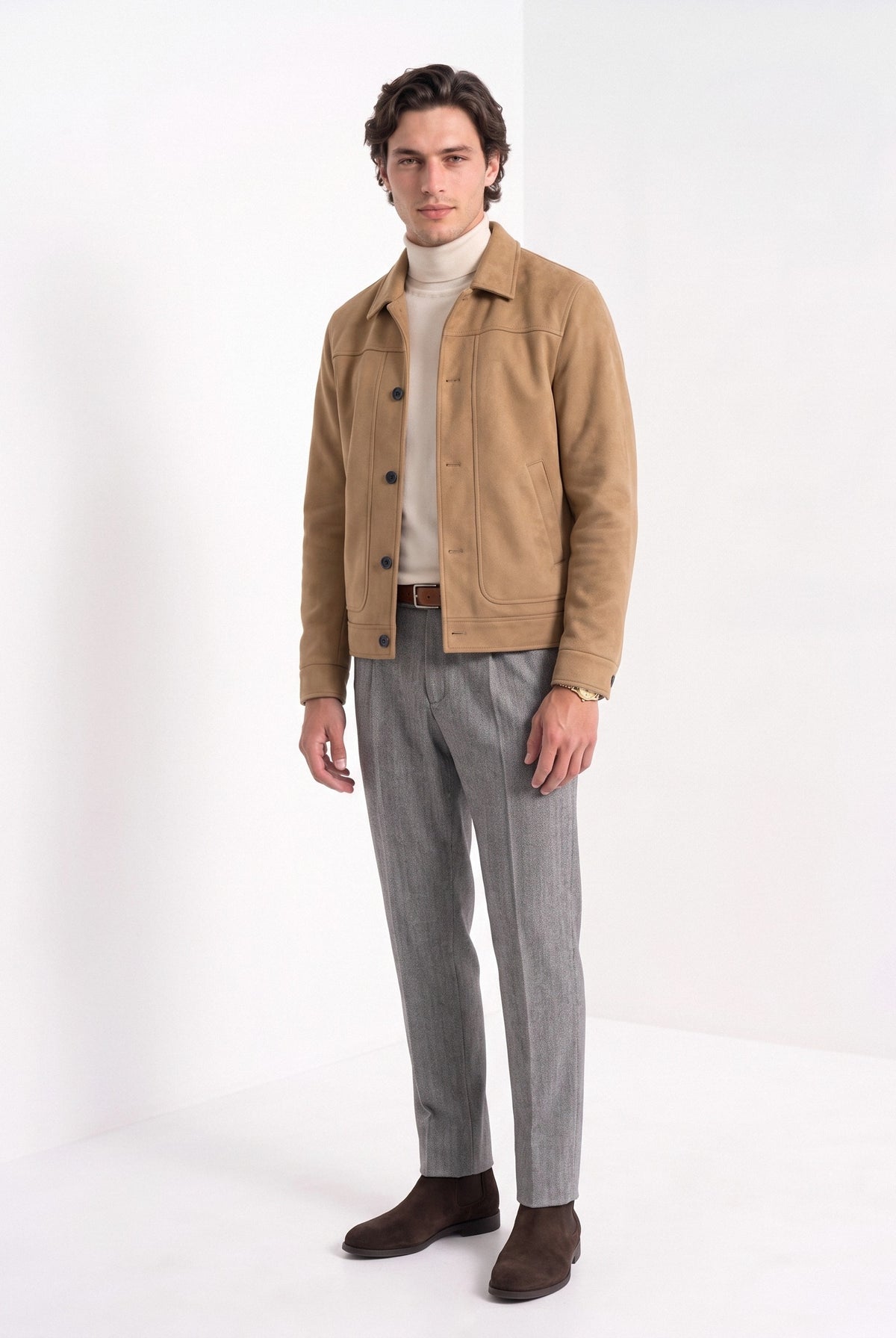 BLENIN men's suede-look trucker jacket in camel, full-length look