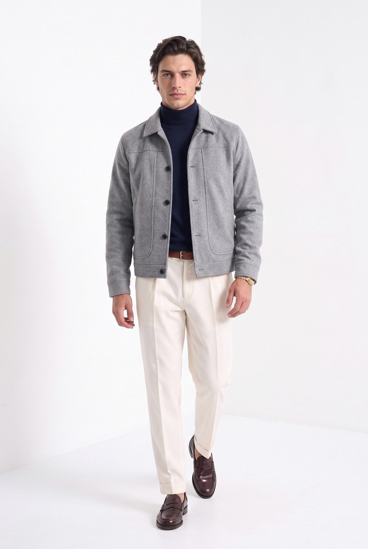 BLENIN men's suede-look trucker jacket in grey, full-length look