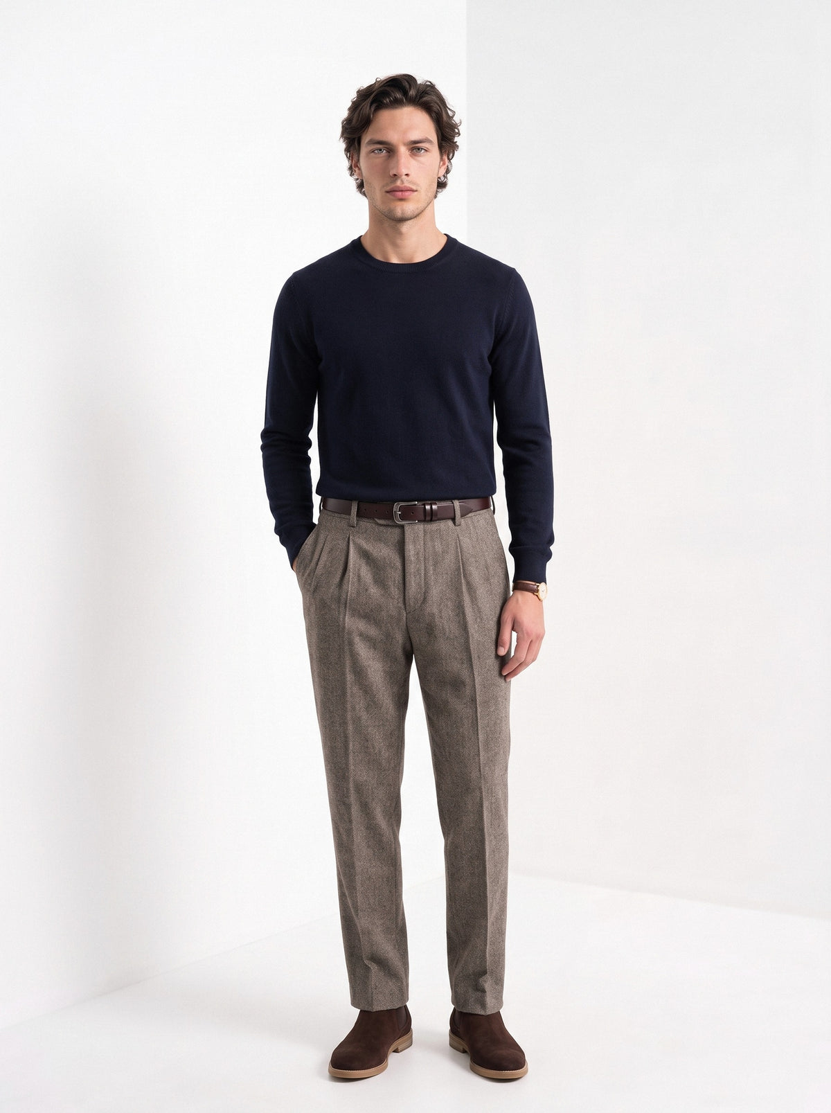 BLENIN men's naples tweed trousers in brown, full-length front view