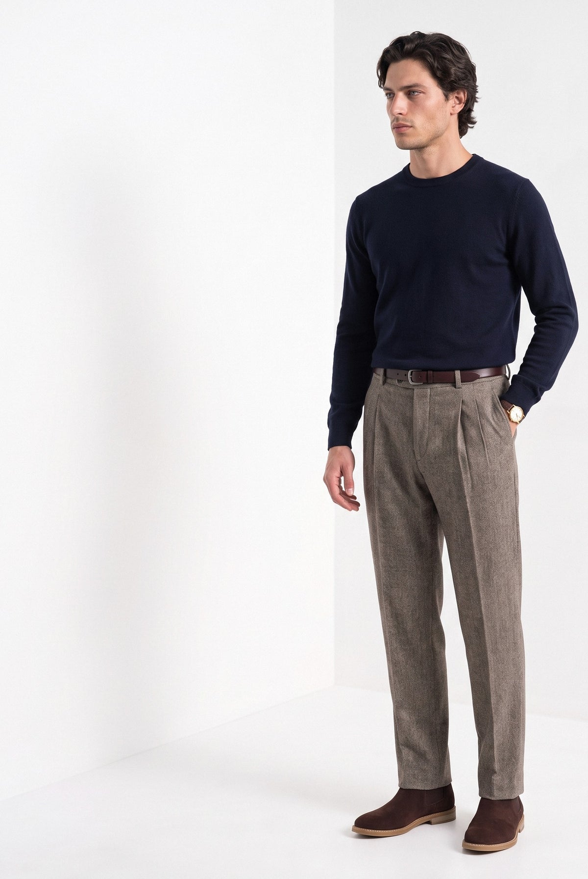 BLENIN men's naples tweed trousers in brown, three-quarter view