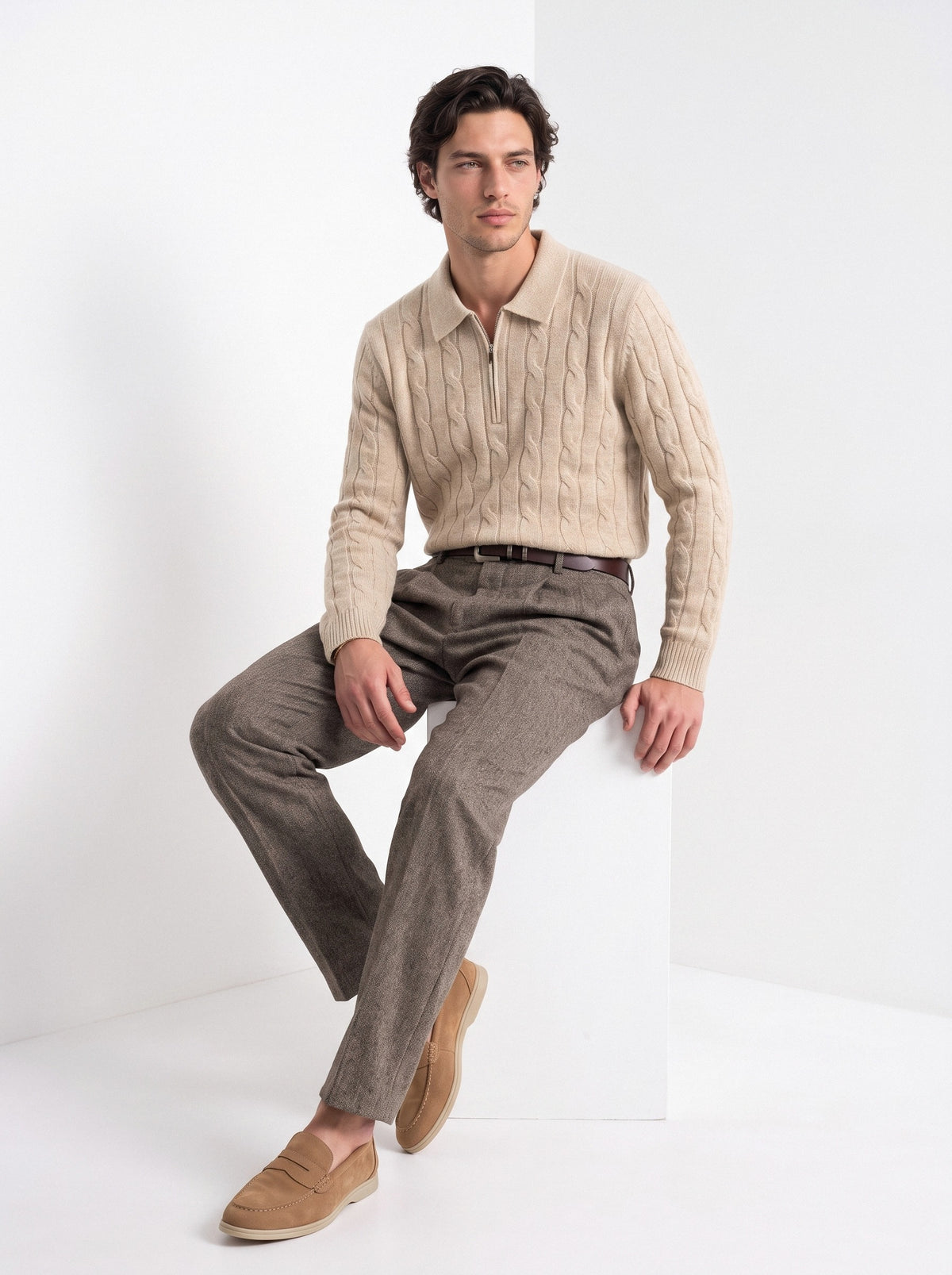 BLENIN men's naples tweed trousers in brown, seated, full outfit