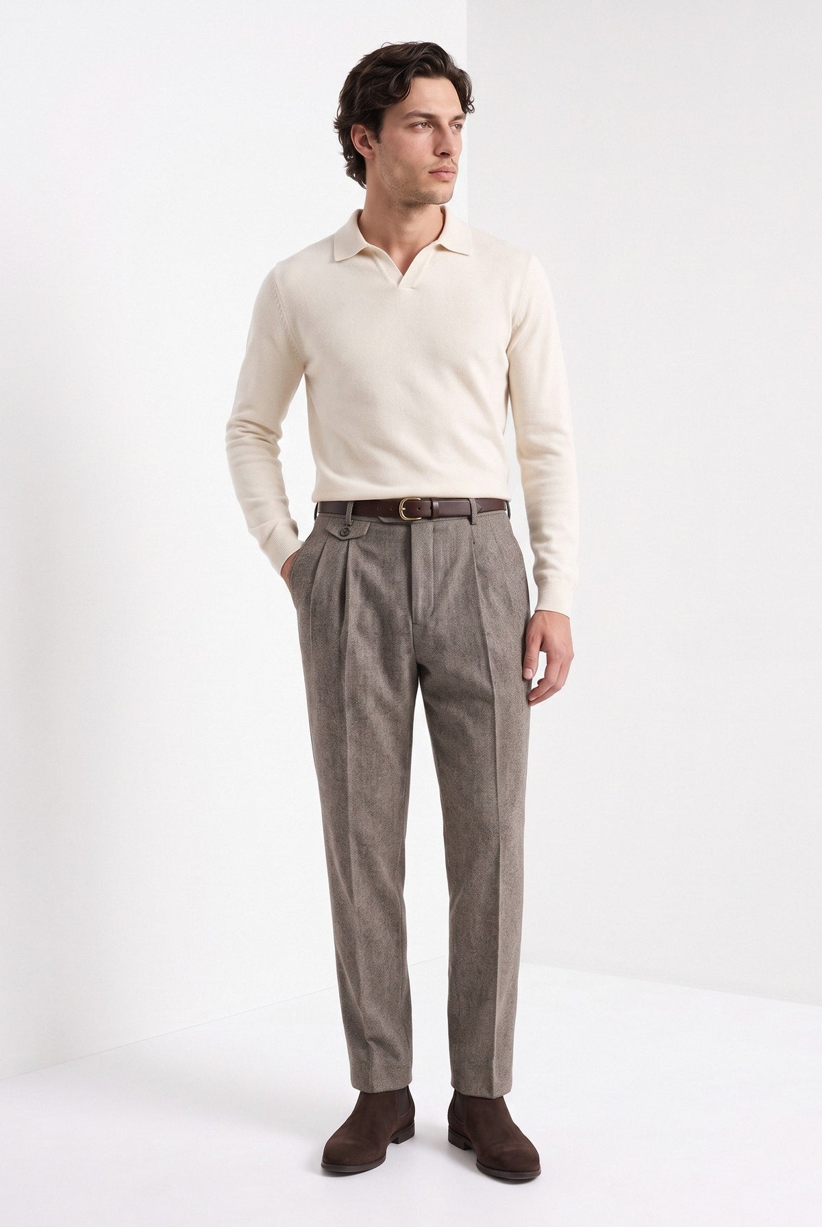 BLENIN men's naples tweed trousers in brown, full-length look