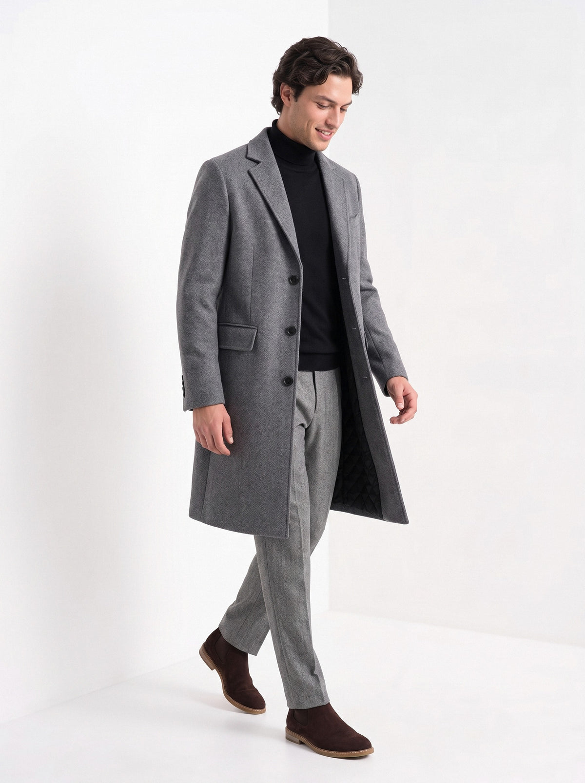 BLENIN men's wool blend overcoat in grey, full outfit, walking