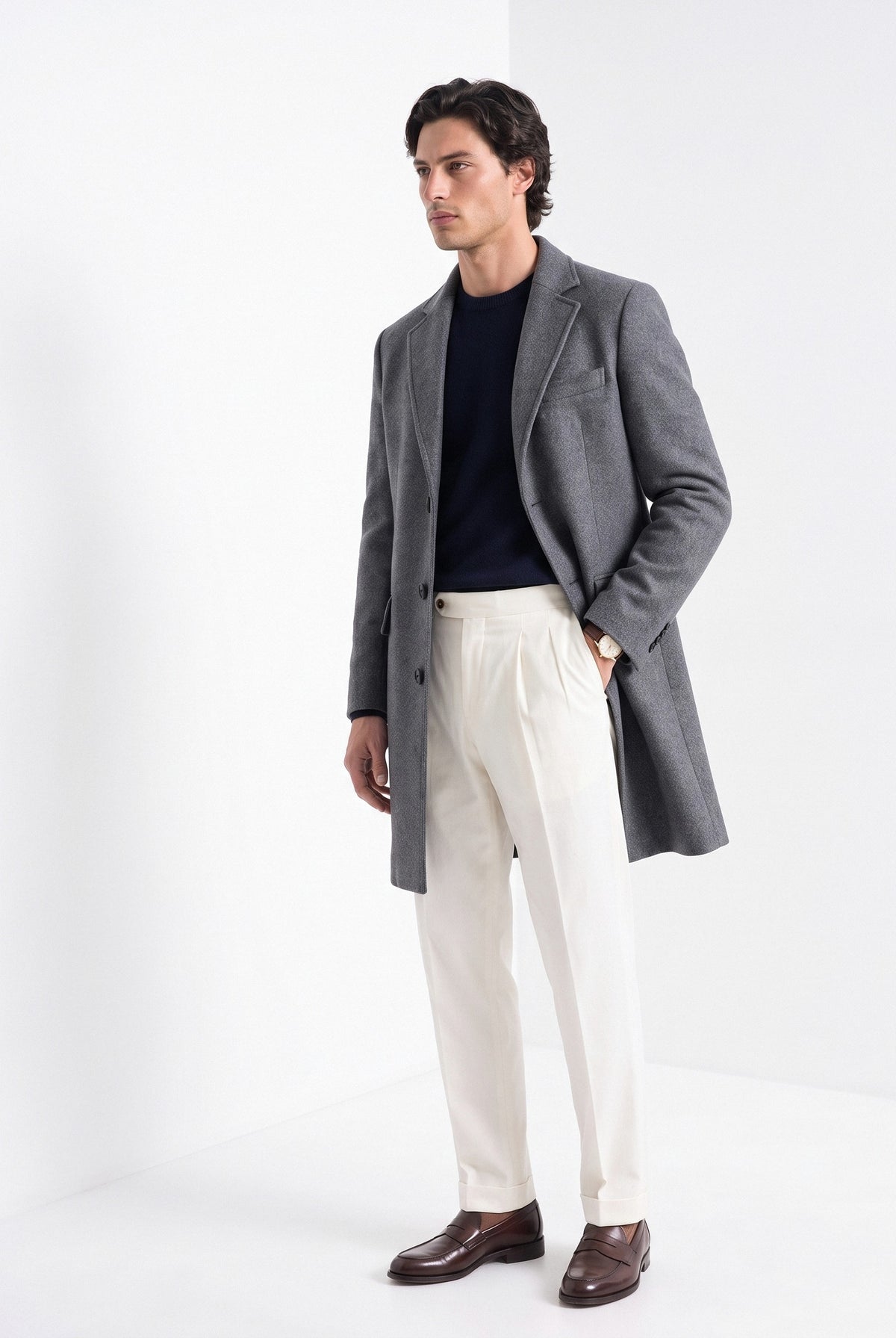 BLENIN men's wool blend overcoat in grey, three-quarter view