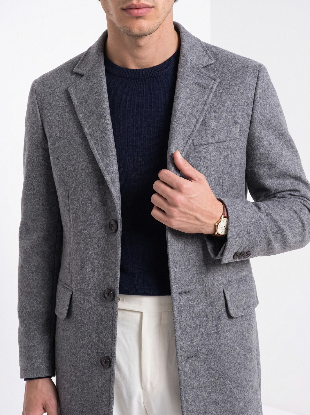 BLENIN men's wool blend overcoat in grey, close-up of the details