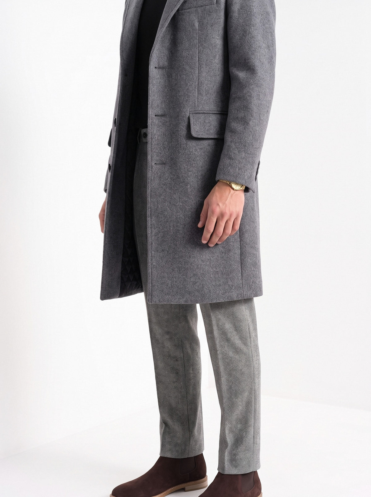 BLENIN men's wool blend overcoat in grey, fit detail