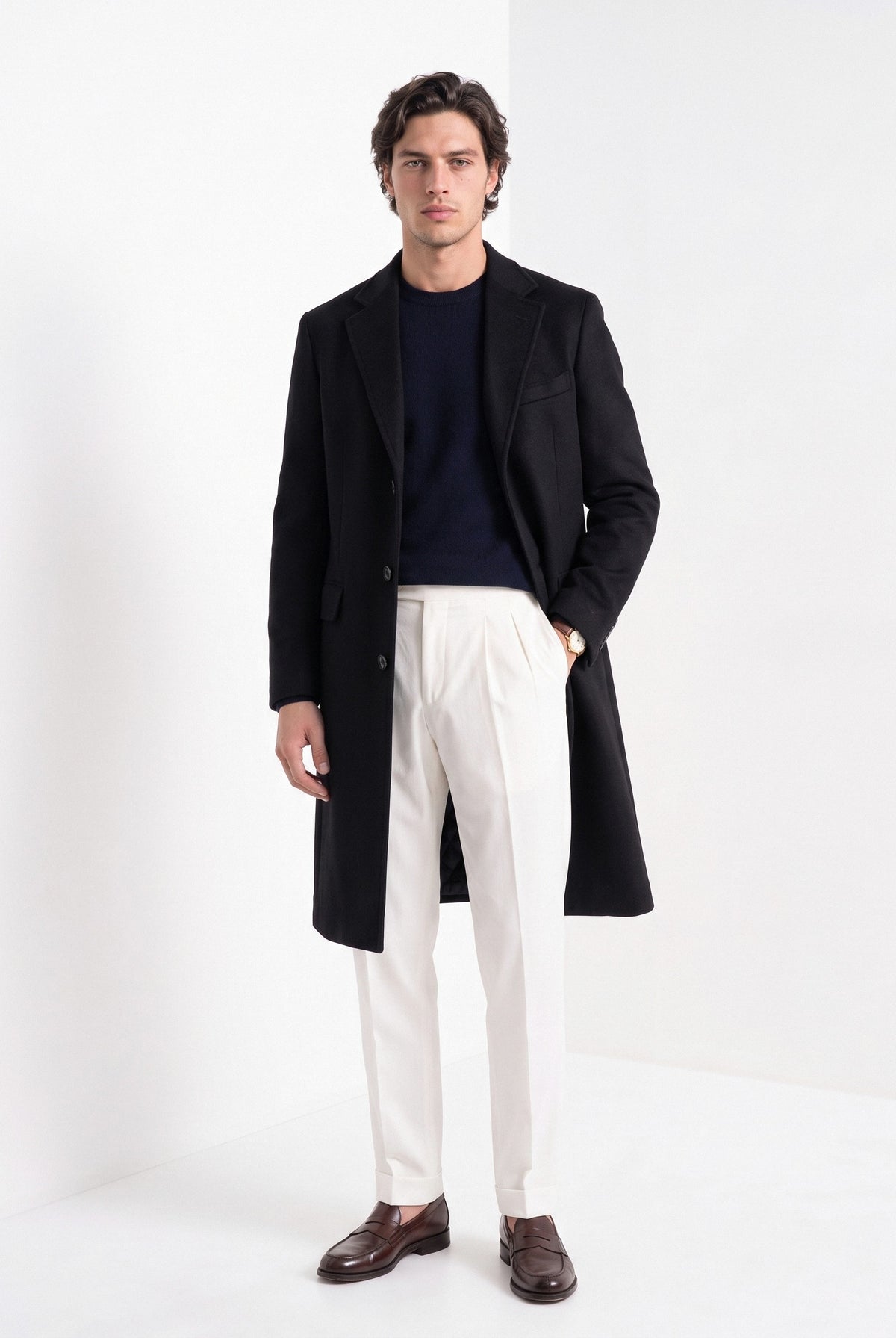 BLENIN men's wool blend overcoat in black, full-length front view