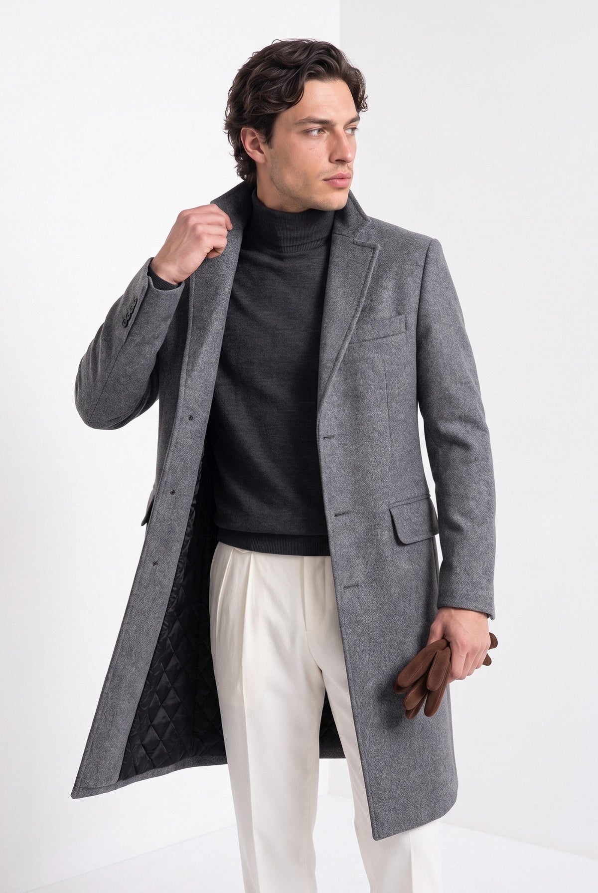 BLENIN men's wool blend overcoat in grey, front portrait