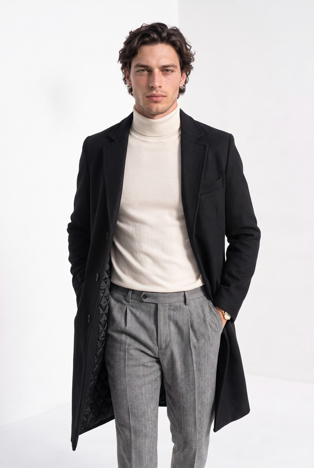 BLENIN men's wool blend overcoat in black, front portrait