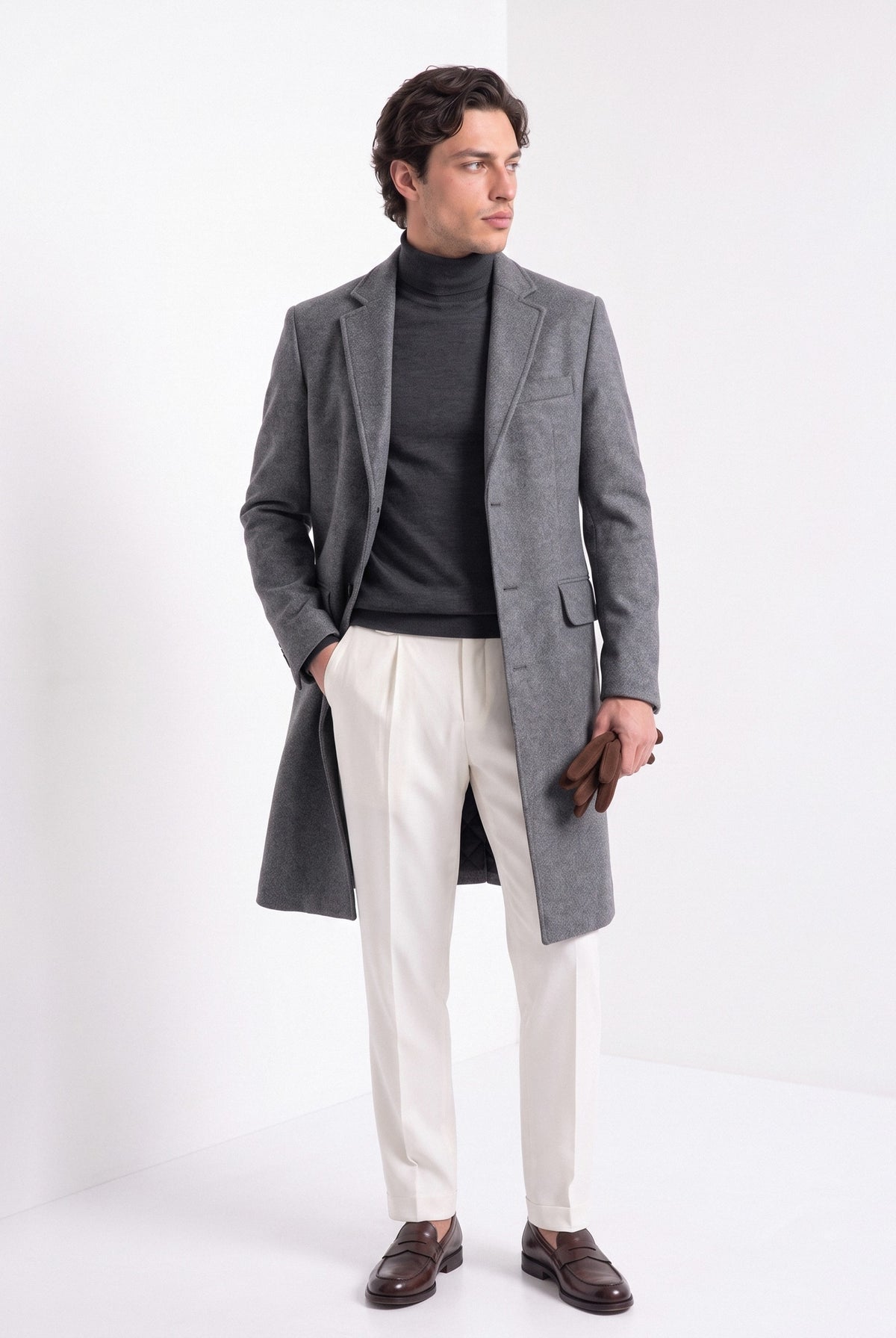 BLENIN men's wool blend overcoat in grey, full-length look