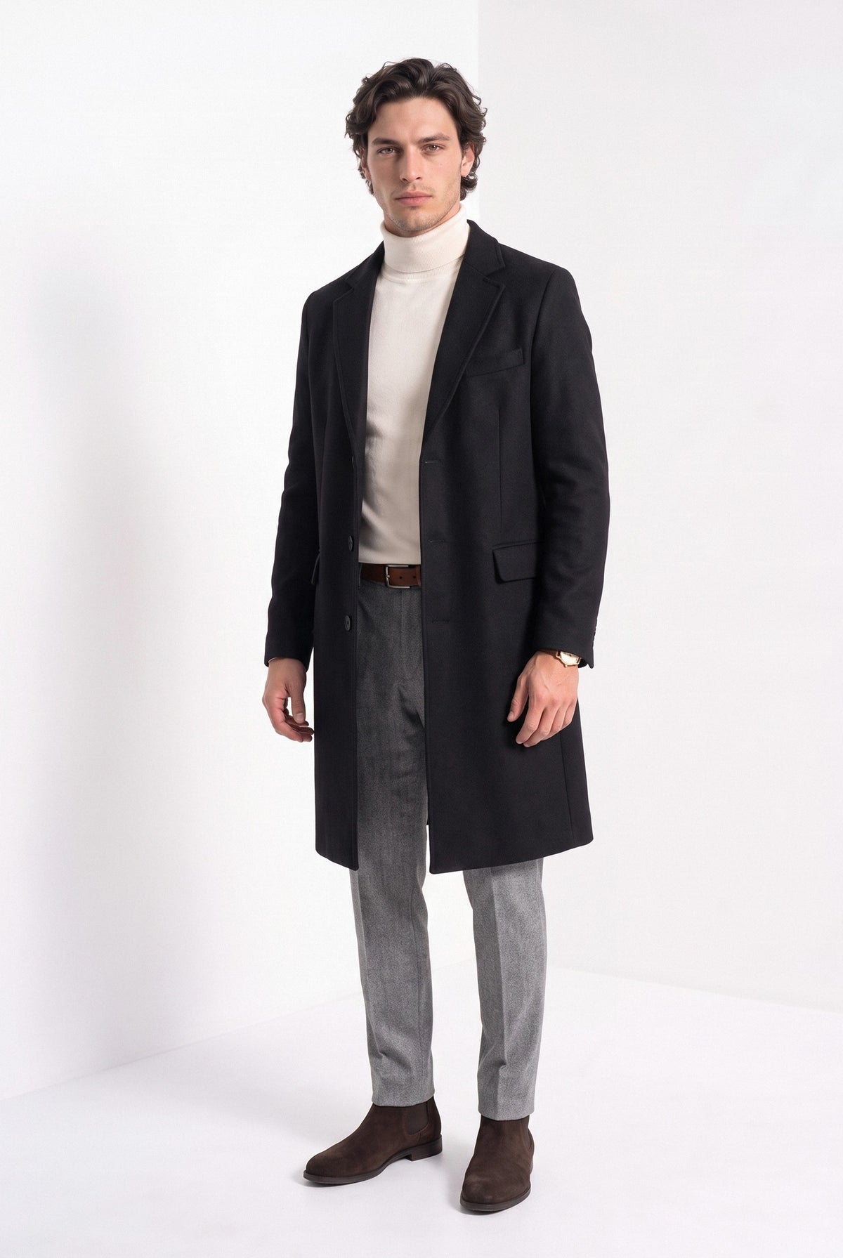 BLENIN men's wool blend overcoat in black, full-length look
