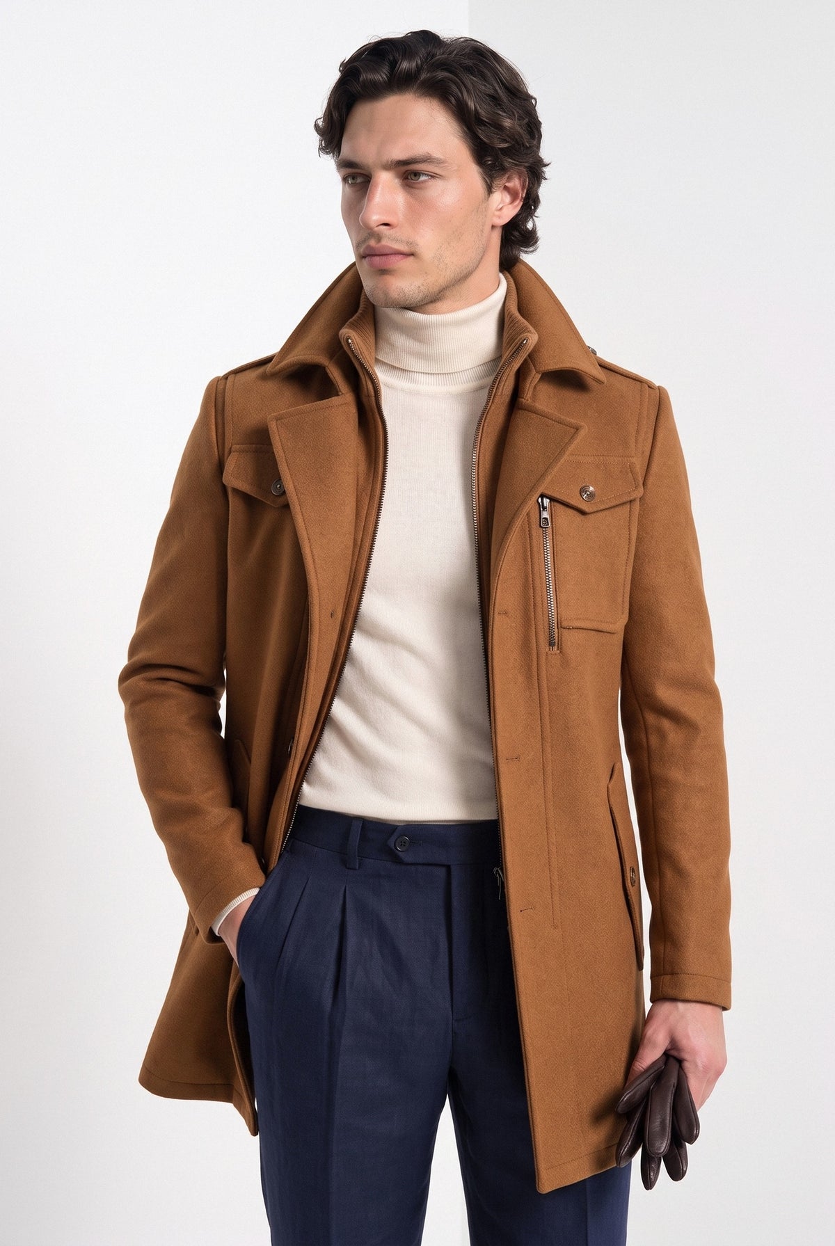 BLENIN men's double collar wool coat in camel, front portrait