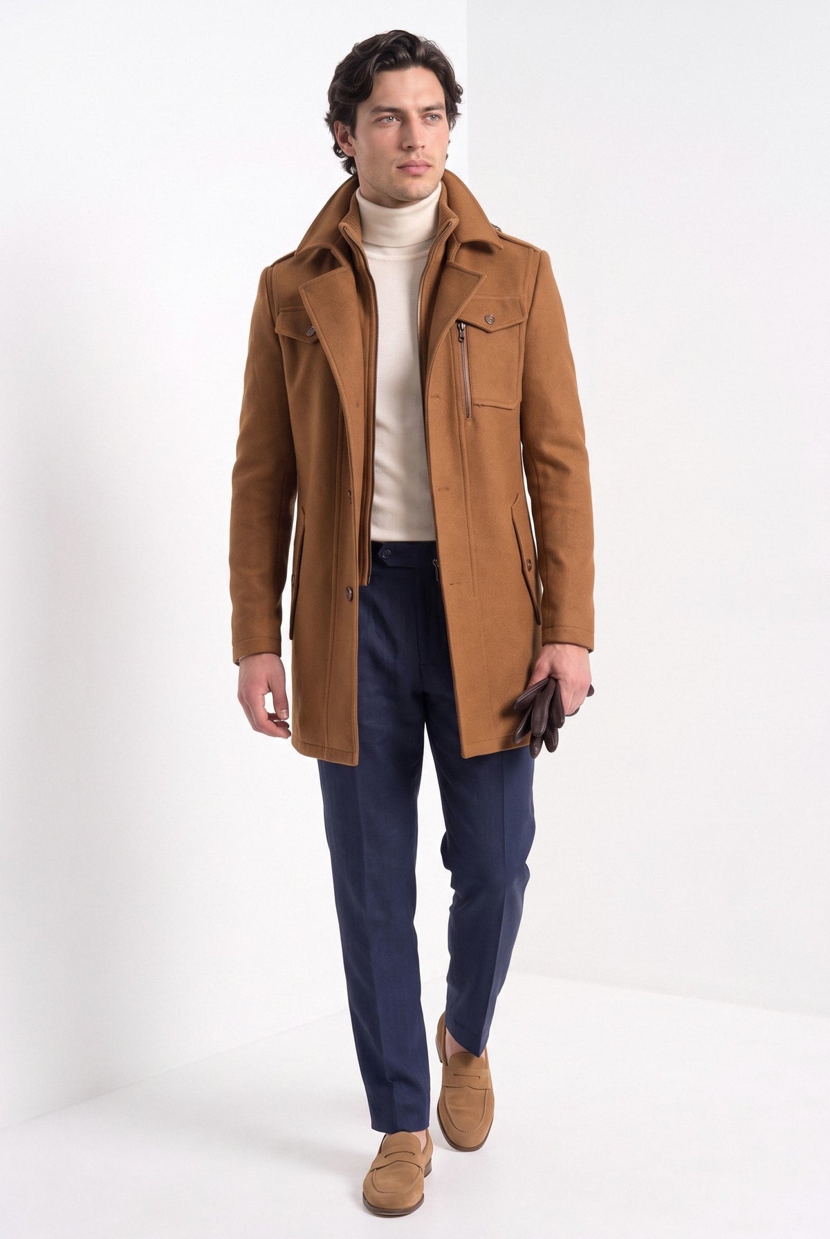 BLENIN men's double collar wool coat in camel, full-length look