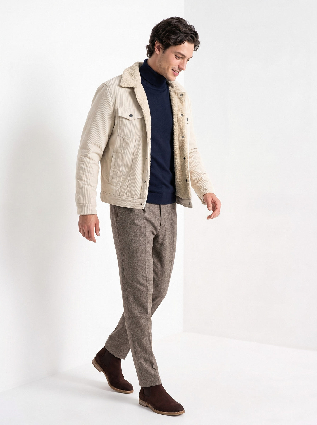 BLENIN men's corduroy sherpa jacket in cream, full outfit, walking
