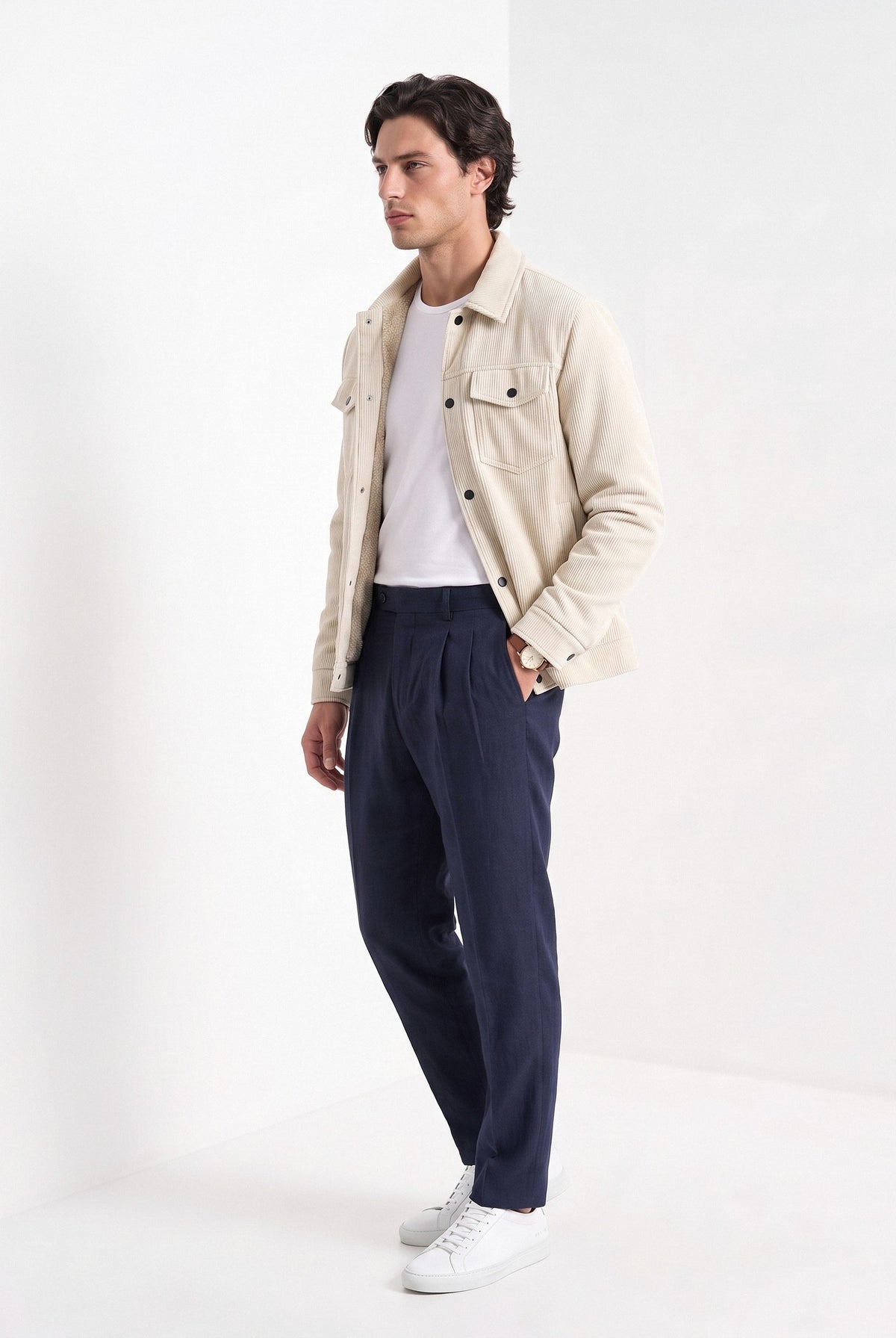 BLENIN men's corduroy sherpa jacket in cream, three-quarter view