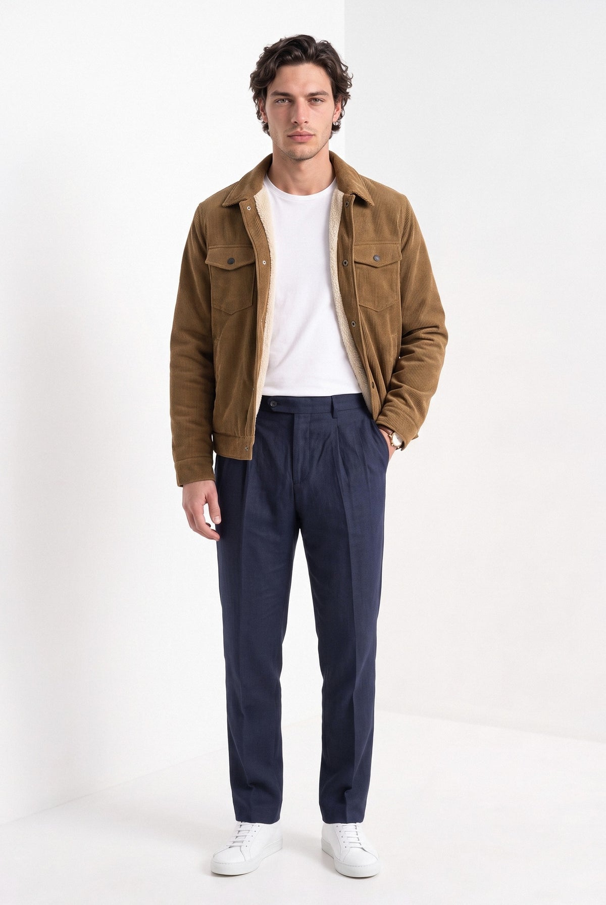 BLENIN men's corduroy sherpa jacket in coffee, full-length front view