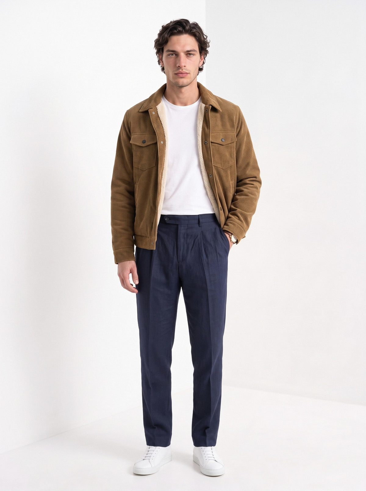 BLENIN men's corduroy sherpa jacket in coffee, full-length front view