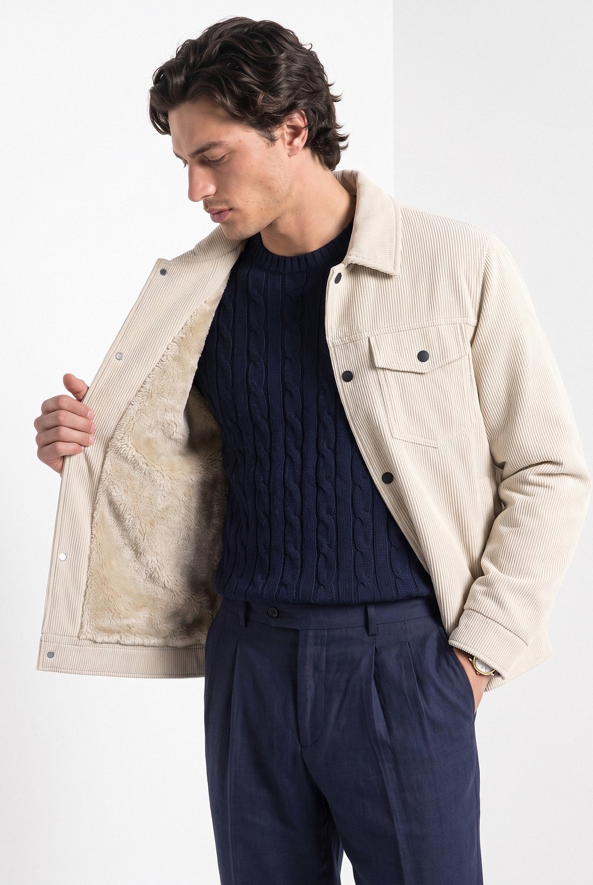 BLENIN men's corduroy sherpa jacket in cream, front portrait