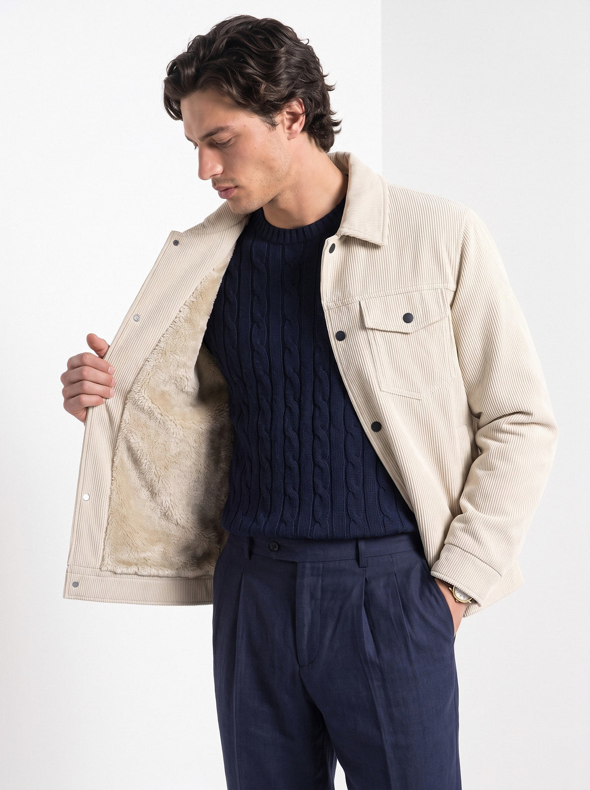 BLENIN men's corduroy sherpa jacket in cream, front portrait