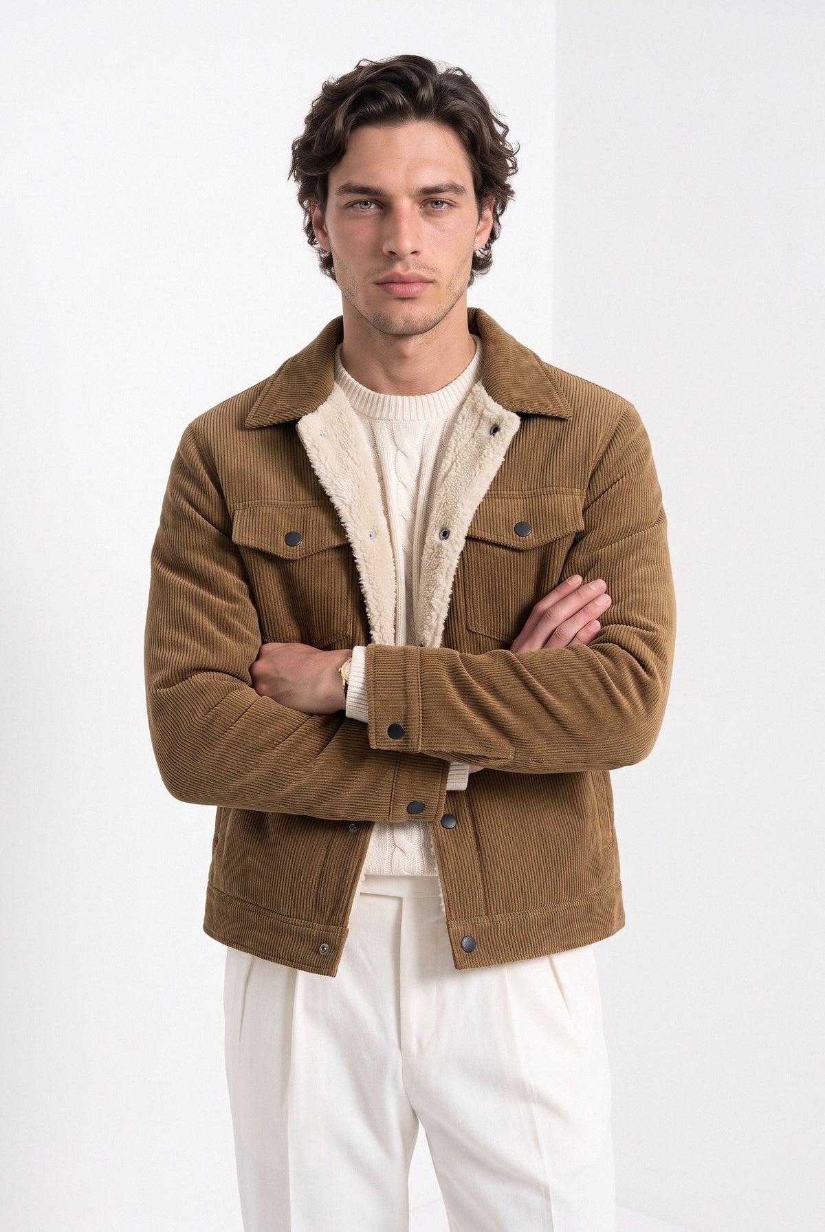 BLENIN men's corduroy sherpa jacket in coffee, front portrait