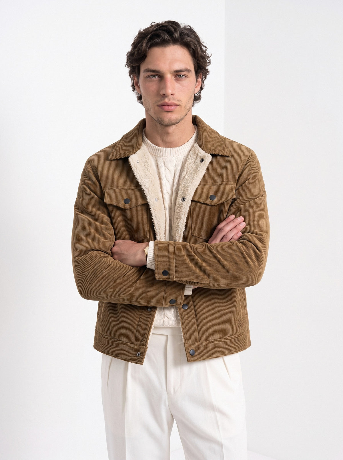BLENIN men's corduroy sherpa jacket in coffee, front portrait