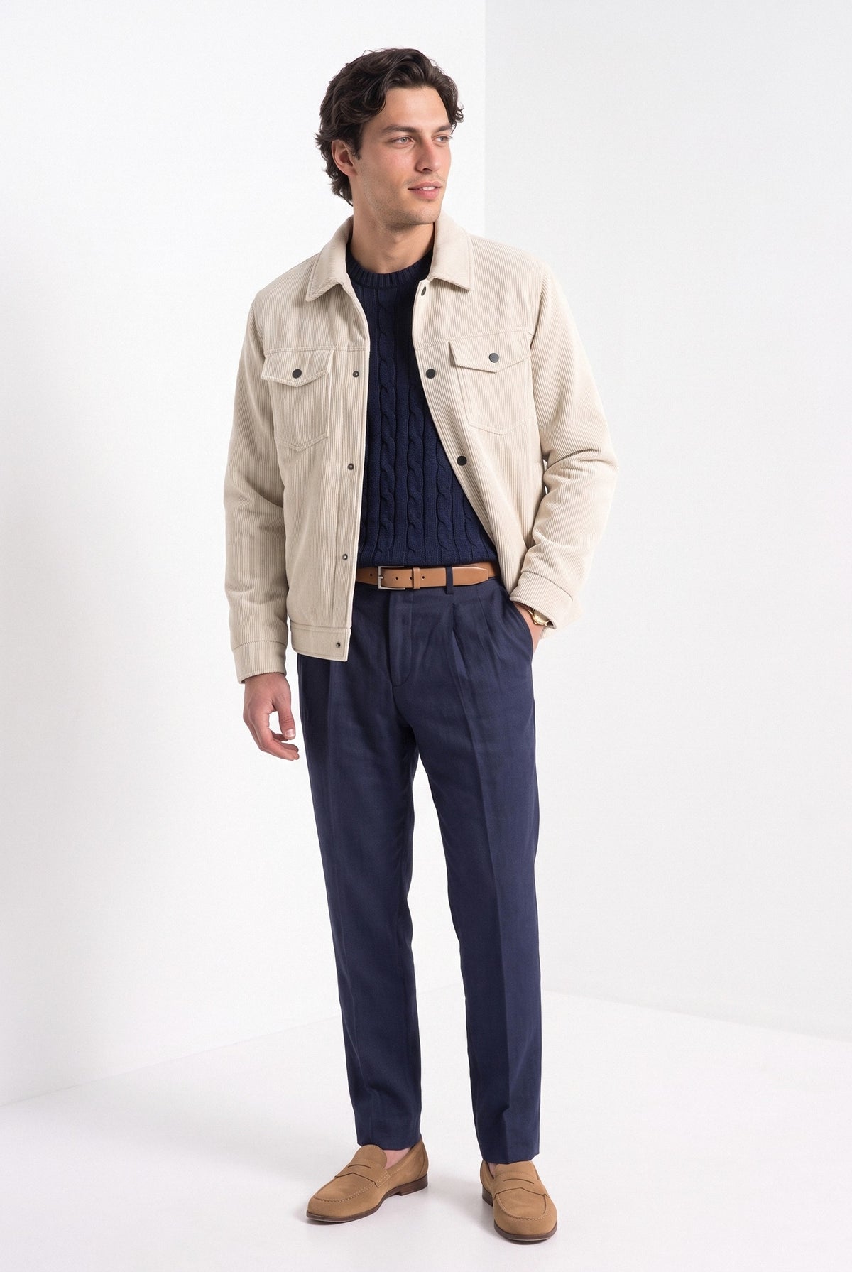 BLENIN men's corduroy sherpa jacket in cream, full-length look
