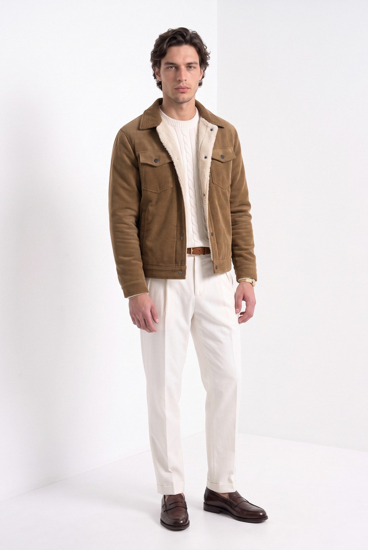 BLENIN men's corduroy sherpa jacket in coffee, full-length look