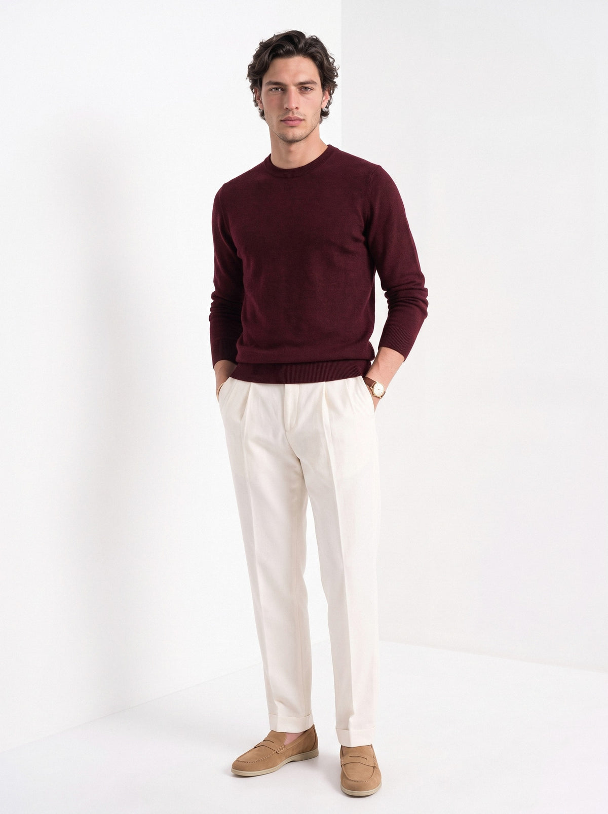 BLENIN men's 100% wool crew neck sweater in burgundy, full-length front view