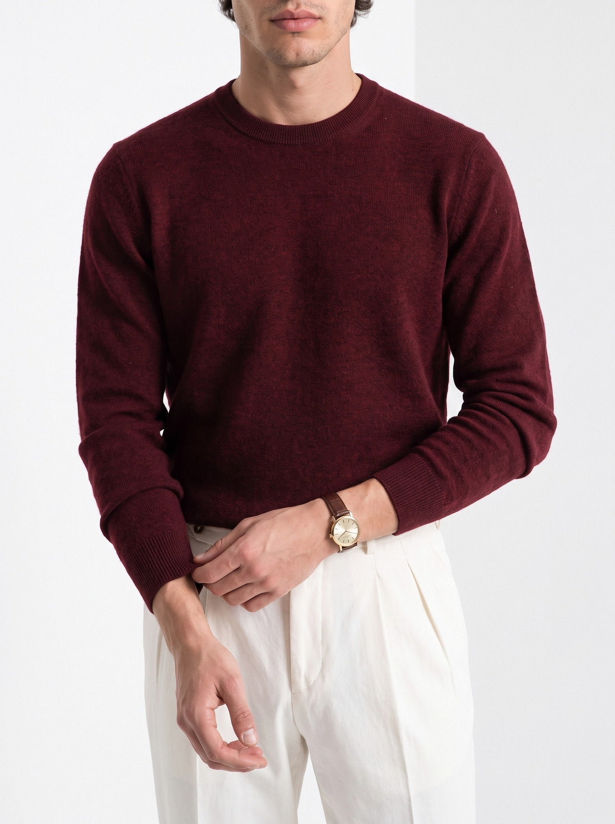 BLENIN men's 100% wool crew neck sweater in burgundy, styled detail