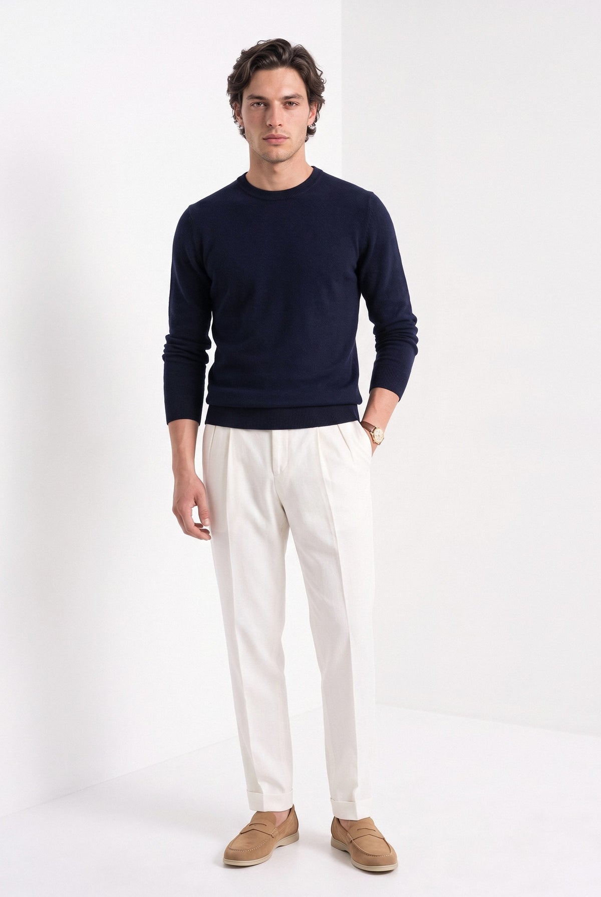 BLENIN men's 100% wool crew neck sweater in navy, full-length front view